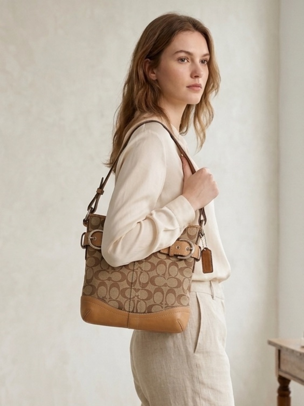 Vintage Coach Signature Jacquard Heritage Buckle Shoulder Bag Brown/Tan 3577